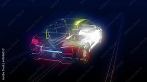 Futuristic car outline driving fast on an infinite road. Sports car animation with clear interior. Holographic animation of modern car Stock Video