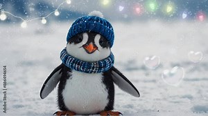 penguin wearing a hat, snowy winter theme, seamless looping 4k video animation background