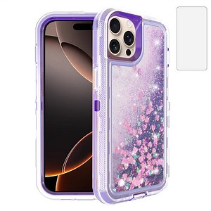 Compatible with iPhone 16 Pro 6.3 inch Phone Case Tempered Glass Screen Protector Bling Liquid Glitter Clear Hybrid Shockproof TPU Military Grade Protective Heavy Duty Cell Cover for i Phone16 Purple