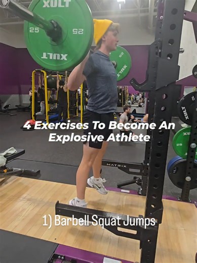 If you want to play explosive, you have to train explosive. These four movements build the power, stability, and control every athlete needs to dominate in all directions. 1) Barbell Squat Jumps Teaching your body to produce force fast. This is how you turn strength into real on‑field pop. 2) Vertical Jump → Lateral Stick Explosive takeoff controlled landing. Athletes who can jump high AND absorb force stay healthier and move sharper. 3) Front Foot Elevated DB Reverse Lunge Building unilateral s