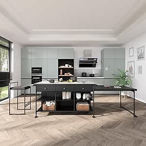 homary 60'' Industrial Kitchen Island with Storage & Seating Extendable White Faux Marble Top 3 Drawers & 2 Shelves Sturdy MDF & Carbon Steel for Dining Room