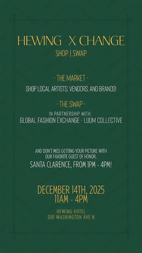 Hewing Hotel on Instagram: "The Hewing XChange returns! Join us for a day of swapping, shopping, and more! Santa Clarence will be here to take photos with you as well! See HewingHotel.com for more information!"