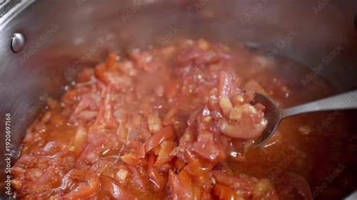 A silver spoon stirs steaming chopped tomatoes simmering in a stainless steel pot during sauce preparation. Concept of homemade culinary basics and healthy Italian pasta sauce recipes.