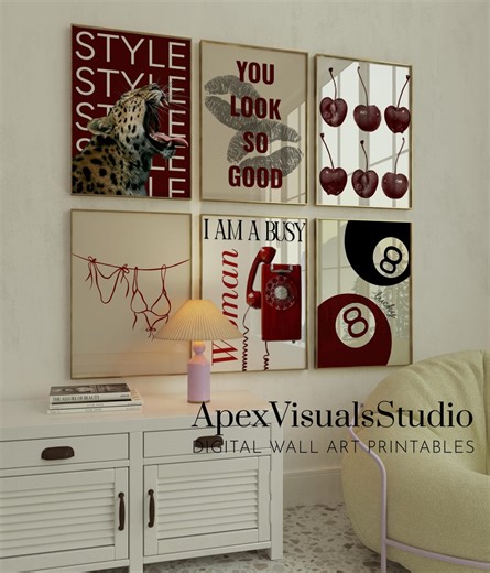 Leopard Set of 6 Red Style Aesthetic Retro Girly Wall Art Print Digital Download - Etsy