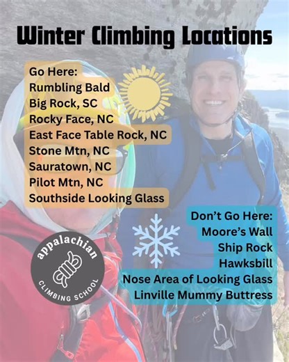 Don’t let the winter blues make you hang up your dancing shoes!! There’s still plenty of warm and dry places to rock climb in the winter. If you need a tour then let us know. Also, what’s your favorite winter crag? | Appalachian Climbing School