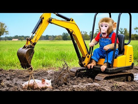 Monkey Farmer Use Excavator To Rescue Piglets From Swamp - Monkey Farm Work | CoCo Farm