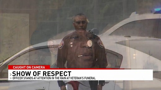 Standing in the pouring rain, Officer Newman Brazier of the Mount Vernon Police Department honored his fellow veteran, Serling. https://mynbc15.com/news/local/officer-stands-in-driving-rain-storm-procession-to-honor-100-year-old-wwii-veteran | WPMI NBC 15 News