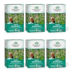 ORGANIC INDIA Tulsi Peppermint Tea - Caffeine Free Herbal Mint Tea - Stress Relieving Holy Basil, Immune Support, Aids Digestion, Vegan, USDA Certified Organic, Fairtrade - 18 Infusion Bags, 6 Pack