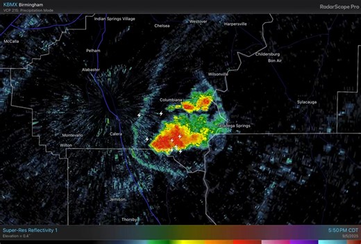 Our weather radar has a good look at a circular outflow ring produced by a cluster of thunderstorms near Columbiana. This feature is caused by rain-cooled air from the storms hitting the ground and spreading outward in all directions (think of exhaling). | US National Weather Service Birmingham Alabama