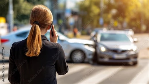 Woman from behind calling insurance company after two cars collision on urban street