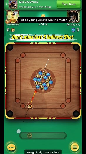 Don't Miss Last 3 indirect Shot😎250K God Level Finish☺️#carrompool#moongamer#shorts