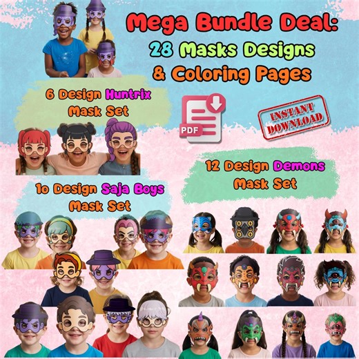 K‑pop Demon Hunters Mega Mask Bundle, 28 Printable Masks & Coloring Pages for Parties, Cosplay, Classroom Fun - Etsy