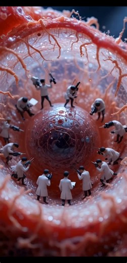 Tiny researchers scan the cancerous cell, marking dangerous spots and planning treatment. Early detection can save lives. 🔬🧪 #CancerResearch #EarlyDetection #MedicalBreakthrough #AIAnimation
