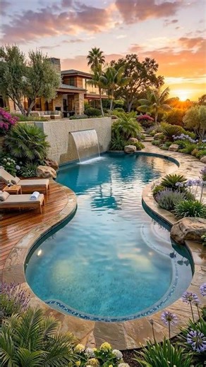 Curved Pool and Waterfall Added to This Backyard 💧🌿 #shorts