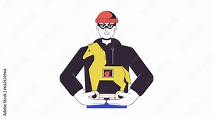 Malicious cyber criminal with trojan horse virus line 2D animation. Computer bugs 4K video motion graphic. Spyware penetration. Hacker attack linear animated cartoon flat concept, white background