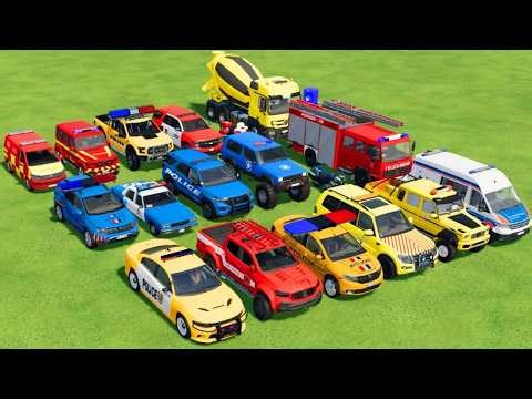 TRANSPORTING POLICE CARS, AMBULANCE, FIRE TRUCK, COLORFUL CARS WITH TRUCK -FARMING SIMULATOR 22!