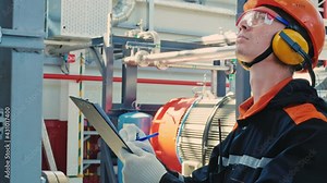 Engineer technician in hard hat, goggles and earmuffs, recording data on the operation of the engine and compressor station. Work in industrial. Manufacturing industry.