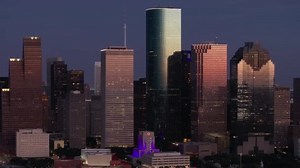 Aerial View Downtown Houstons Skyline Dusk Showcasing Iconic Buildings Glowing