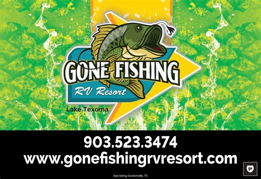 Gone Fishing RV Resort is the premier RV park on Lake Texoma in Gordonville, TX. Enjoy spacious RV sites & top-rated amenities. Lots of large post oak shade trees. 1400 feet from the water and only 2 miles from the MegaStar Casino. Call (903) 523-3474 to book or Visit GoneFishingRVresort.com Contact us about our cabin rental https://airbnb.com/h/laketexomaapartment Airbnb Rated it in the top 10% Boat Rentals 2023 Yamaha 195s Boat Rental https://www.getmyboat.com/trips/8K54njzY/ Jet Ski Rentals R