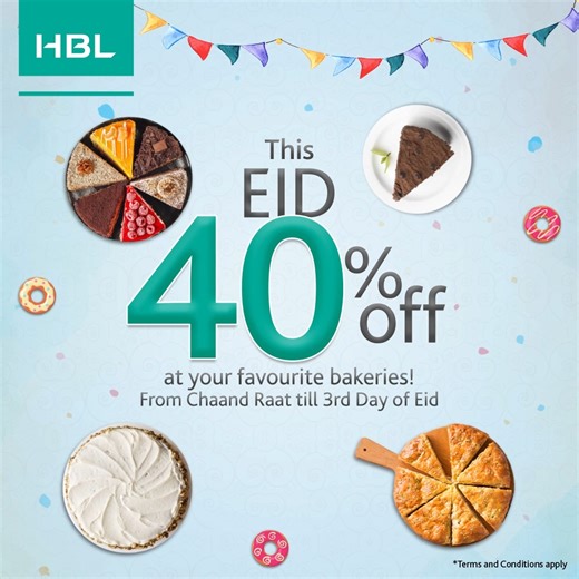 Celebrate Eid with our sweet discounts! Indulge in a sweet 40% off on cakes, doughnuts and much more using your HBL Card. This offer is available from Chaand Raat until the third day of Eid at the following partners: • Pie in the Sky • Dunkin' Donuts • Slice of Life • Butter Cakes Lounge • Options Bakers & Delight • Bakery at Springs (Heavinly Treats) • The Coffee Bean & Tea Leaf For details, please visit hbl.com/dd. T&Cs apply. | HBL