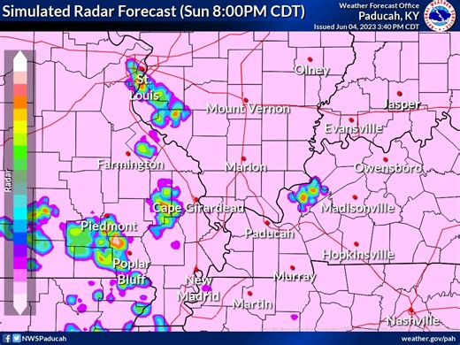 This simulated radar forecast indicates that widely scattered showers and thunderstorms will impact portions of southeast Missouri, southern Illinois, and western Kentucky through the late afternoon and evening. In addition to lightning and brief heavy downpours, the strongest storms may produce small hail and brief gusty wind. | US National Weather Service Paducah Kentucky