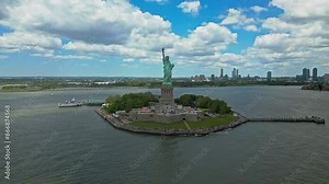 Aerial view Statue of Liberty in New York City, NY, USA. The Statue of Liberty over the Panorama of NYC. New York city skyline with statue of Liberty. The statue of Liberty and Manhattan.