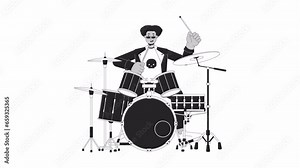 Drummer rock and roll bw outline cartoon animation. Rockstar male beats drumming 4K video motion graphic. Hispanic man in punk rock 2D monochrome linear animated character isolated on white background 素材庫影片
