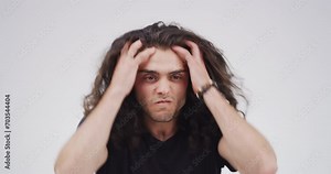 Frustrated, face and man with stress in a crisis with angry, anxiety and financial issue. Mental health, disaster and portrait of person with anger for stupid conflict, mistake or annoyed breakdown