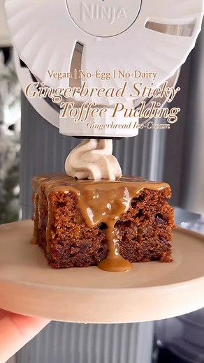 Gingerbread Sticky Toffee Pudding🎄 COMMENT ‘GINGERBREAD’ and I’ll DM you the recipe link! Follow @thelittleblogofvegan for the best vegan recipes! (AD) Unbelievably delicious Vegan Gingerbread Sticky Toffee Pudding: A warm & spiced gingerbread pudding topped with gooey toffee sauce! It’s served with a swirl of homemade dairy-free gingerbread ice-cream made in my new @ninjakitchenuk SWIRL! I made a simple dairy-free gingerbread ice-cream added it to the Ninja Swirl & it’s ready to swirl on all y