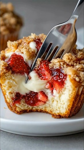 🍓 Strawberry Cream Cheese Muffins | Soft, bakery-style with a creamy Valentine surprise 💕 These strawberry cream cheese muffins** feel like something you’d spot behind the glass at a cozy bakery. Soft, fluffy vanilla muffins bursting with juicy strawberries, filled with a creamy cheesecake center, and topped with a buttery crumb that melts into every bite. With Valentine’s Day in the air, these muffins feel especially perfect. They’re sweet but not too rich, comforting yet a little special — i