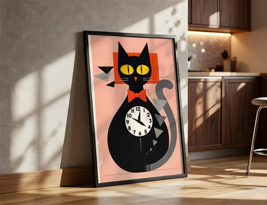 Buy Retro Black Cat Clock Pink and Red Framed Poster Geometric Illustration Mid Century Kitchen Decor Online in India - Etsy