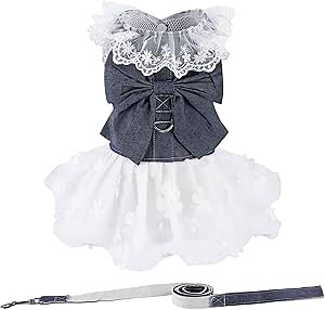 Dog Denim Dress with Leash Ring, Puppy Bowknot Lace Mesh Princess Skirt for Small Pet Fashion Clothes(Navy,X-Small)