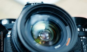 Extreme Close-Up of a Professional Camera Lens in Use