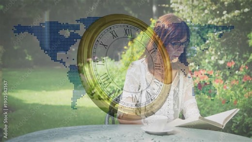 Woman paging reaching cup looking up as overlays appearing overlaying map and clock for travel