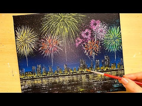 How to draw [fireworks and night view] with acrylic paint/painting for beginners/Step by step