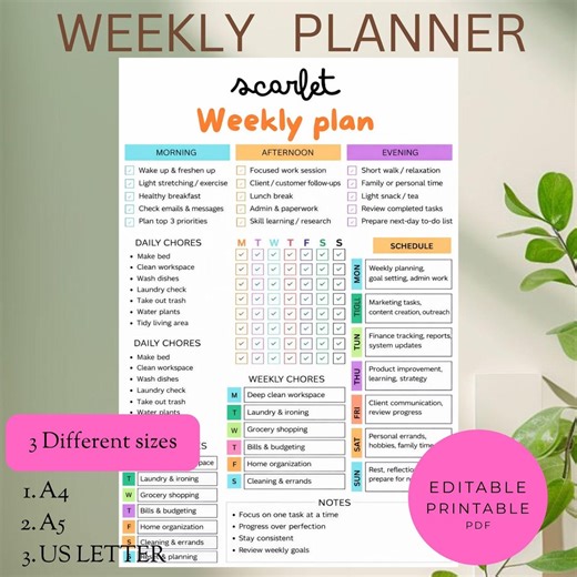 Editable Weekly Planner | Printable Weekly to Do List | Checklist Template | Weekly Task Planner Template | Weekly Routine PDF - Etsy