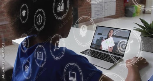 Seated woman viewing laptop as host showing pages and causing icons, reaching trackpad for learning