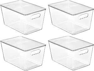 Vtopmart 4 Pack Clear Stackable Storage Bins with Lids, Large Plastic Containers with Handle for Pantry Organizer and Storage,Perfect for Kitchen,Fridge,Cabinet, Closet,Bathroom Organization