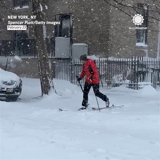 Snowy NYC sidewalks 🤝 cross-country skiing. A monster nor’easter transforms Brooklyn into a winter sports zone as heavy snow and strong winds sweep the region. 🌨️⛷️ | AccuWeather