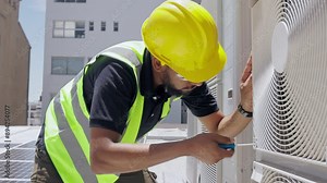 Air conditioning, roof and technician man repair, maintenance and working on fan or aircon power generator. Electrician person, handyman or contractor tools, screwdriver and industry labor services