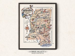 Fun State Map of Mississippi – Digital Download PRINTABLE Vintage Pictorial Wall Art Décor Whimsical Cartoon Illustration - Etsy