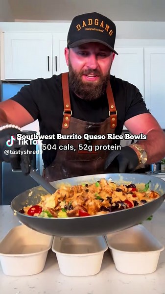 SHRED FAM. Youre going to wanna SAVE THIS ONE .. secretly. In your secret recipe folder. These Southwest Queso Chicken Rice Bowls hit like a burrito and a queso dip had a high-protein baby. Grilled chicken, cheesy rice, black beans, avocado, and a homemade chipotle Greek yogurt drizzle on top. Mixed everything in one pan and dished it into 6 bowls — creamy, spicy, and hits every time. Full Recipe (6 Servings): (174 recipes in the cookbook) 🔥 Queso Rice Base: 3 cups dry white rice (cook it up =