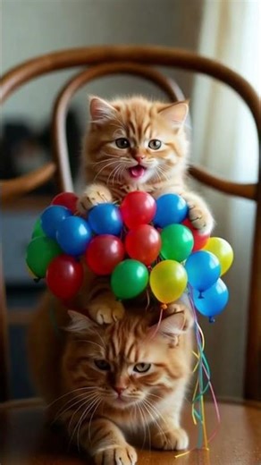 Baby Cat Rolls on a Yarn Ball… and Launches Both Cats Into Balloons!