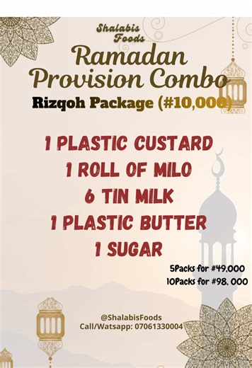 Our N10,000 Provision Package is specially curated for those who wants to give sadaqoh (Charity) in this only month of Ramadan and support a family with basic Provisions needed for Sahur and Iftar😇 It contains😌👇 •1 Plastic Custard • 1 roll of Milo • 6 Tin Milk • Plastic Butter •1 Sugar 📦 Neatly packed in a Customized Sadaqah Package Nylon 🏷️ N10,000 per pack 📌: MOQ: 5Packs Send a dm/Watsapp: 07061330004 to Book urs now📌📌📌 #sadaqahpackageforramadan#ramadansadaqohpackage#foodstuffssadaqah