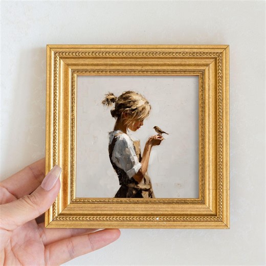 Girl With Little Bird Original Oil Painting, Small Framed Childhood Wall Art, Hand Painted Canvas, Study Room Wall Decor, Gift for Kids - Etsy