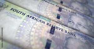 South Africa Rand banknote loop. ZAR money texture. Concept of economy, business, crisis, banking, recession, debt and finance. Moving over note. Loopable seamless 3d animation.