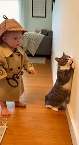 Detective Baby Interrogates a Guilty Cat 😹🕵️‍♂️ | Funny Home Video Posted by Animal Laugh World This hilarious home-video moment is pure comedy gold 😂🐾 A cute fair-skinned baby wearing a tiny detective uniform stands seriously in the living room, fully in character like a real investigator on a mission 👶🕵️‍♂️ He points his tiny finger at a real cat, who is already standing on her two back legs, lightly pressed against the wall in a scared and guilty pose 😳🐱 As the baby loudly scolds her,