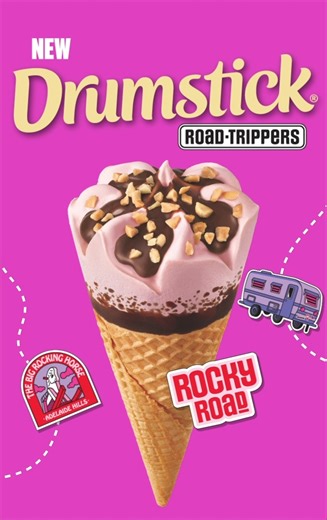 WINDOWS DOWN, CRANK THE TUNES AND GRAB A DRUMSTICK 🚗 It’s time to hit the open road and tick off those iconic Aussie landmarks with our new Drumstick Roadtrippers range. Roadtrippers Rocky Road is your ticket to @thebigrockinghorse in Adelaide Hills – think mouthwatering layers of Marshmallow and Chocolate with diced nuts throughout, combined with raspberry syrup and topped with more diced nuts & choc! | DRUMSTICK Australia