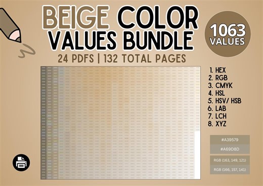 Beige Color Values Bundle: Hex, Rgb, Cmyk, Hsl, Hsv/ Hsb, Lab, Lch, Xyz | Printable Palette Chart, Shade Catalog, Color Swatch Library - Etsy