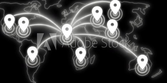 Glowing world map with location pins and connecting lines animation